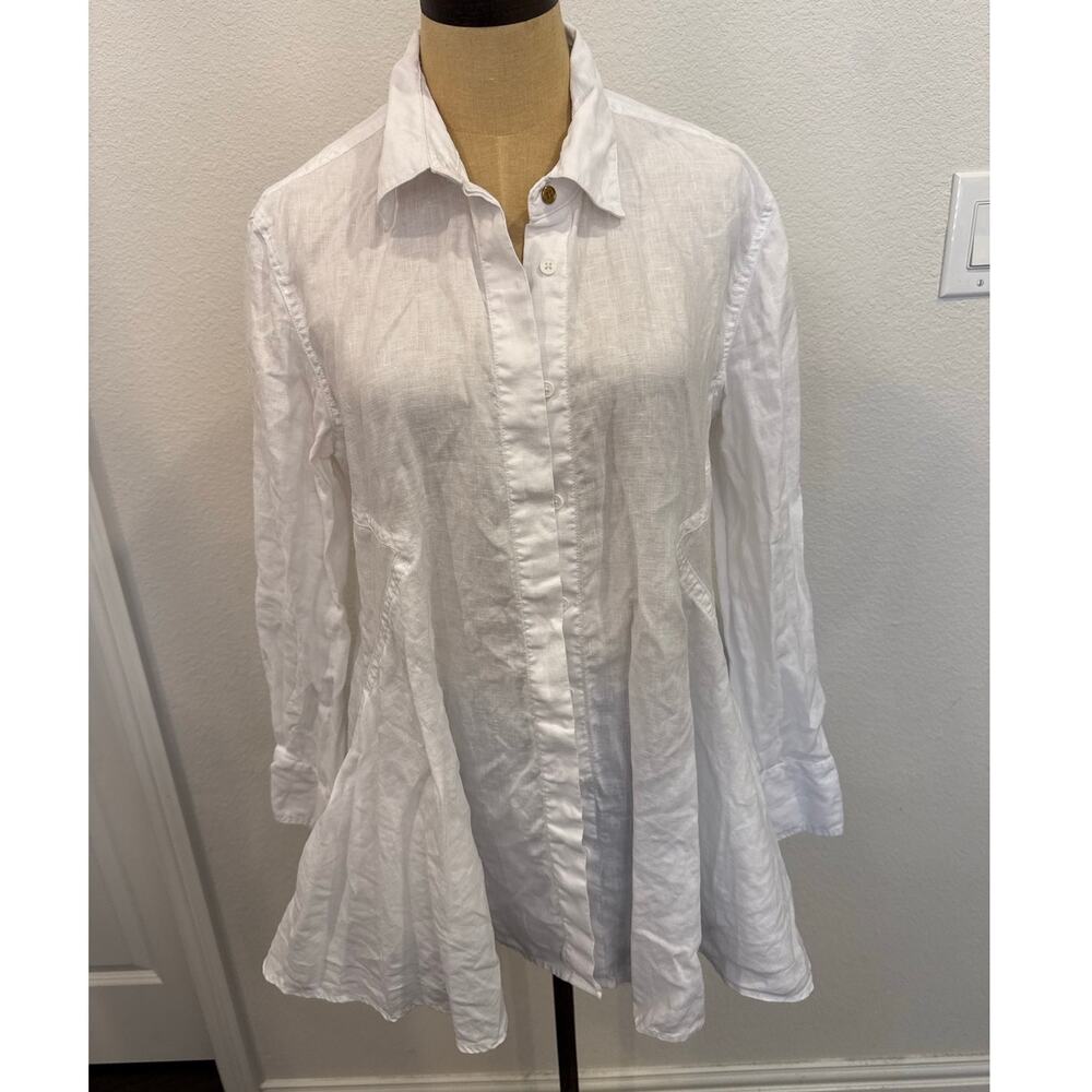 Donna Karen White 100% Linen Button Down Peplum Shirt Women M